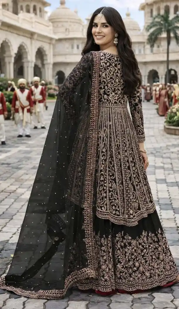 Black Chinon Palazzo Suit with Embroidery Work - 218122