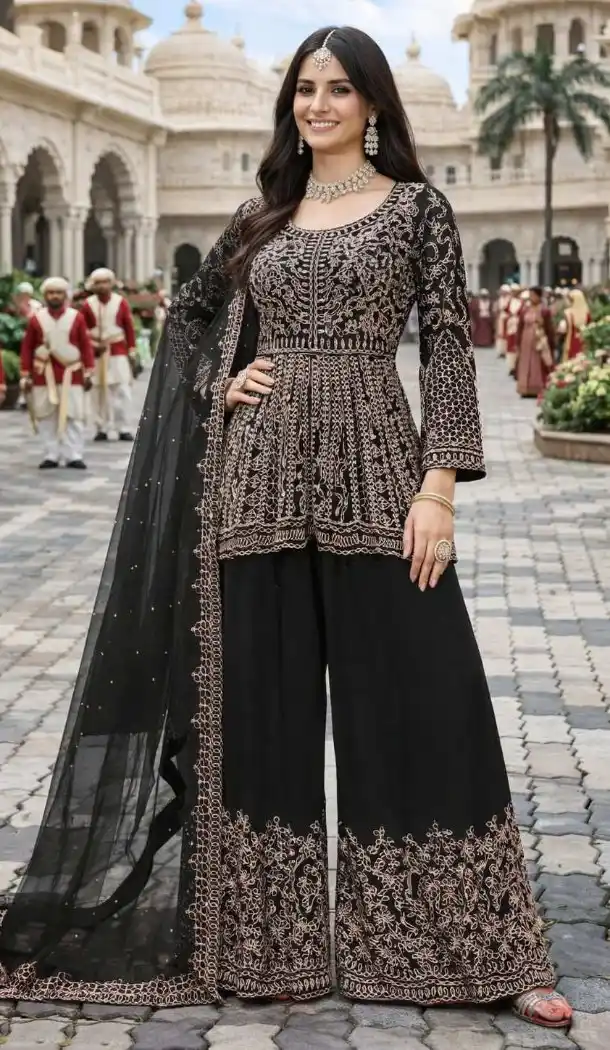 Black Chinon Palazzo Suit with Embroidery Work - 218122
