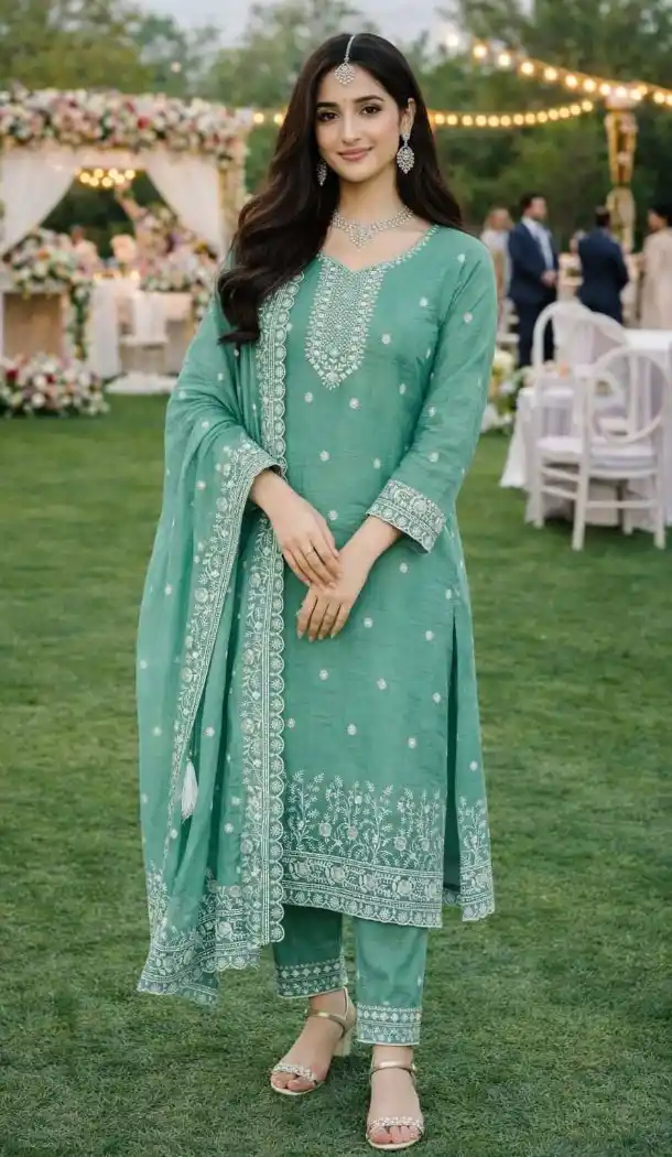 Mint Green Gold Crush Silk Sequin Salwar Suit – 218124