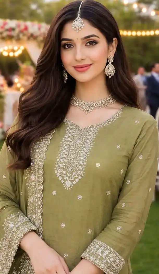Green Salwar Suit in Sequin Work – Gold Crush Silk – 218125