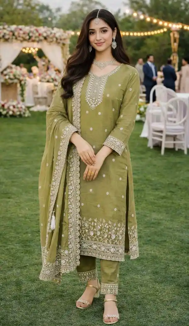 Green Salwar Suit in Sequin Work – Gold Crush Silk – 218125