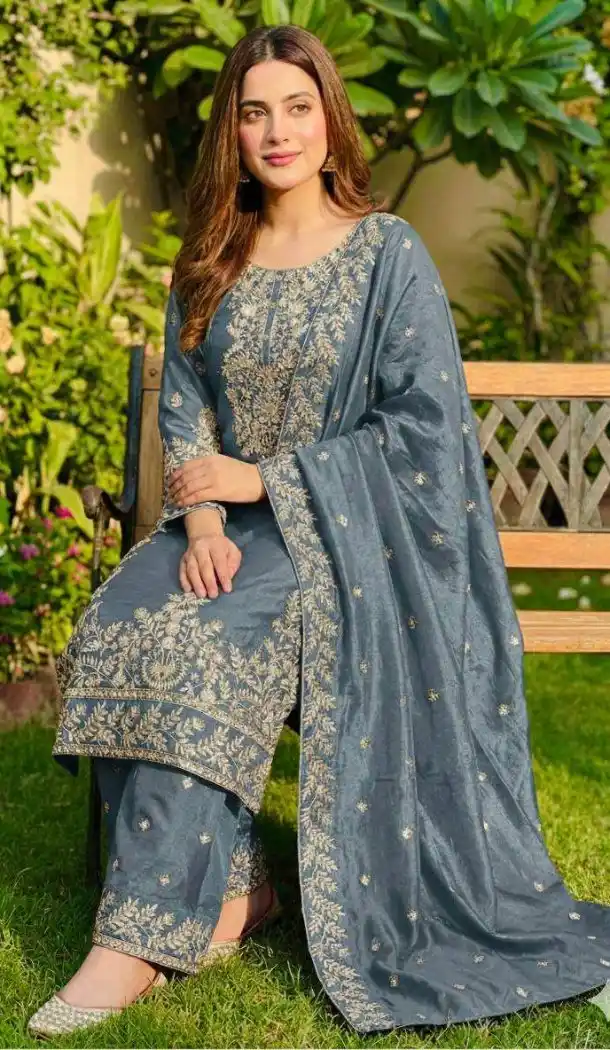Blue Pure Gmy Silk Sequin Salwar Suit - 218145