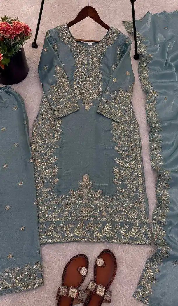 Blue Pure Gmy Silk Sequin Salwar Suit - 218145