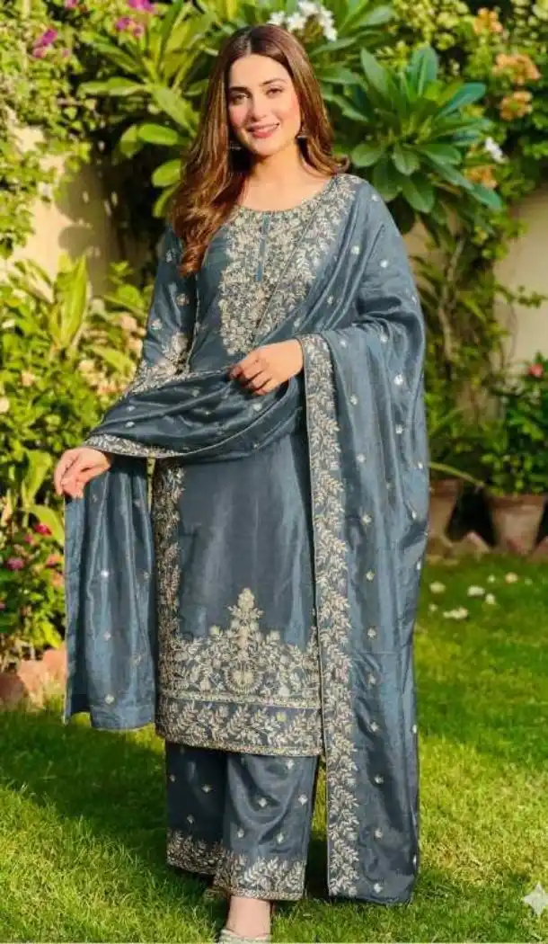 Blue Pure Gmy Silk Sequin Salwar Suit - 218145