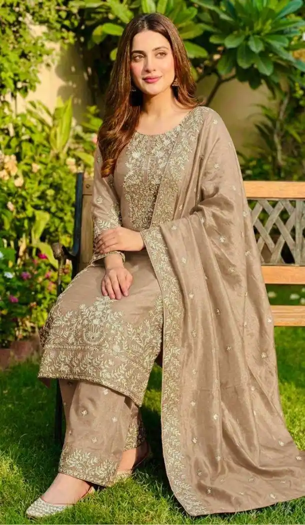 Chiku Sequin Salwar Suit in Pure Gmy Silk - 218146