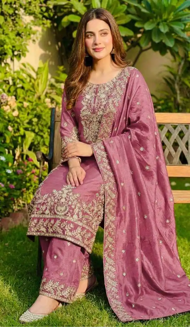 Pink Salwar Suit with Sequin Work in Pure Gmy Silk - 218147