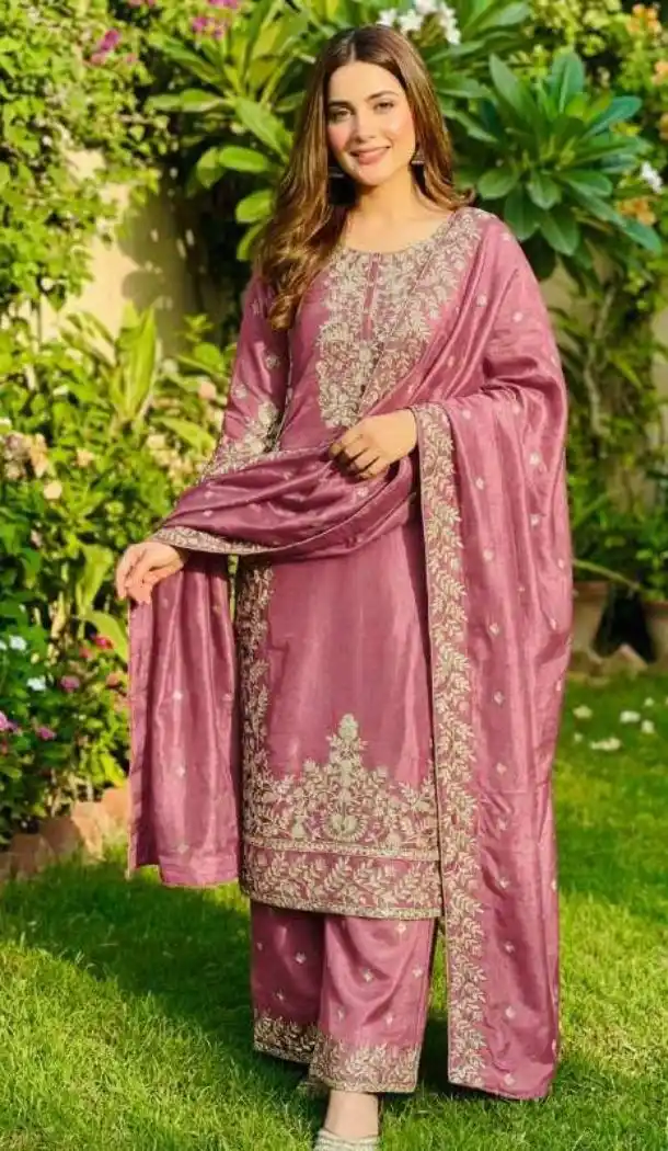 Pink Salwar Suit with Sequin Work in Pure Gmy Silk - 218147
