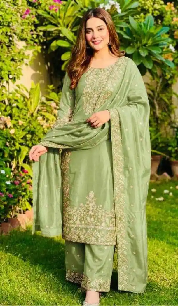 Pista Green Pure Gmy Silk Sequin Salwar Suit - 218148
