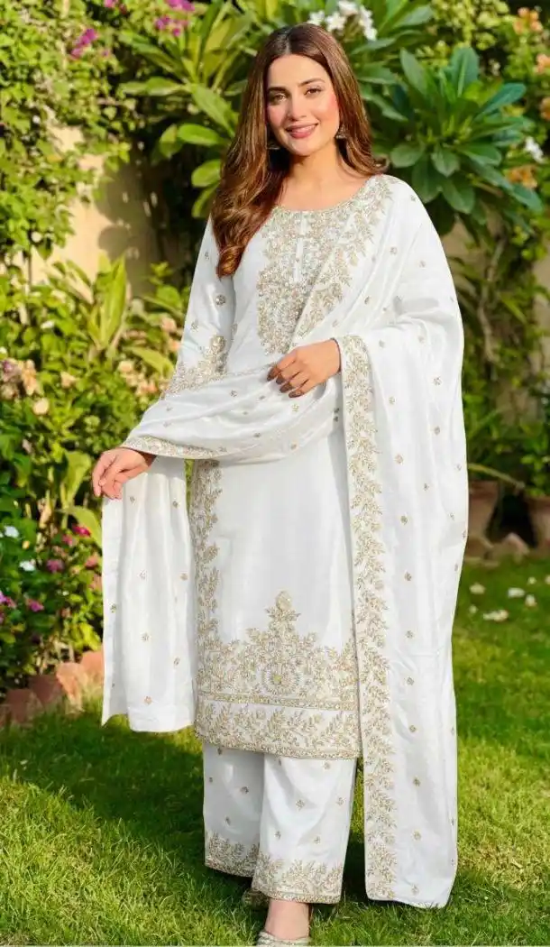 White Sequin Salwar Suit in Pure Gmy Silk - 218149