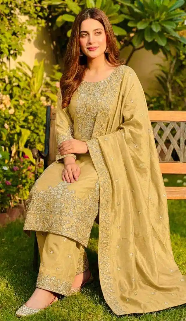 Light Yellow Pure Gmy Silk Sequin Salwar Suit - 218150