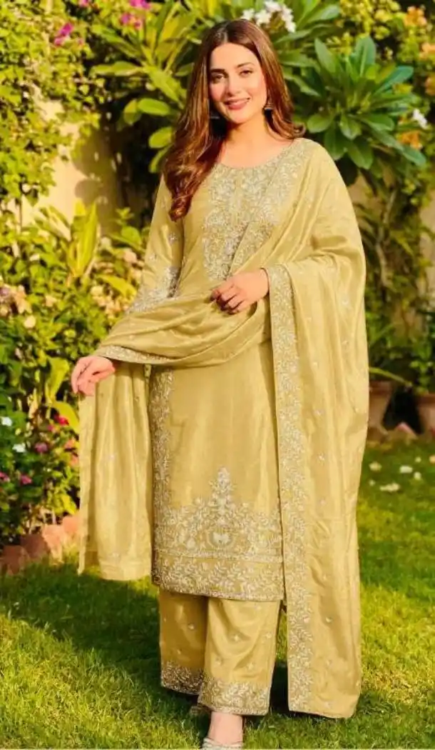 Light Yellow Pure Gmy Silk Sequin Salwar Suit - 218150
