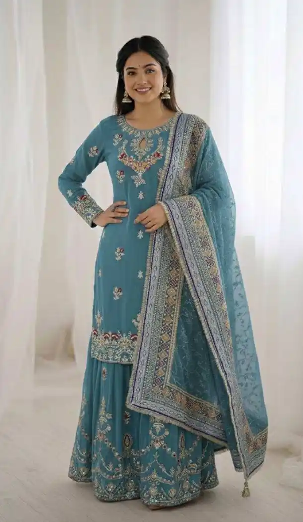 Blue Faux Georgette Sequin Palazzo Suit - 218159