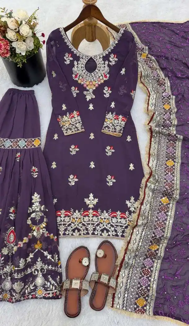 Purple Sequin Palazzo Suit in Faux Georgette - 218160