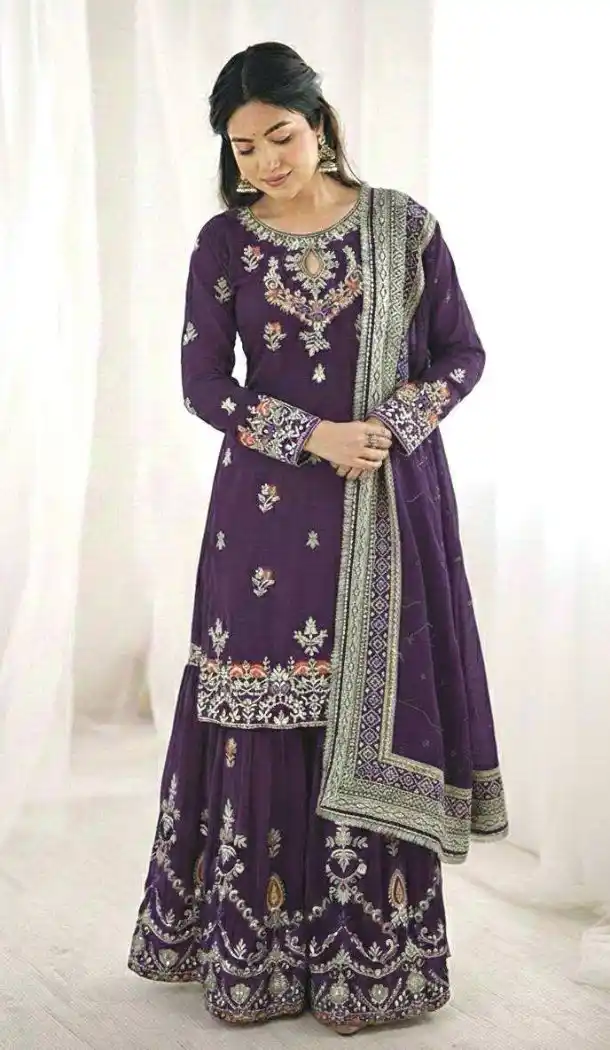 Purple Sequin Palazzo Suit in Faux Georgette - 218160