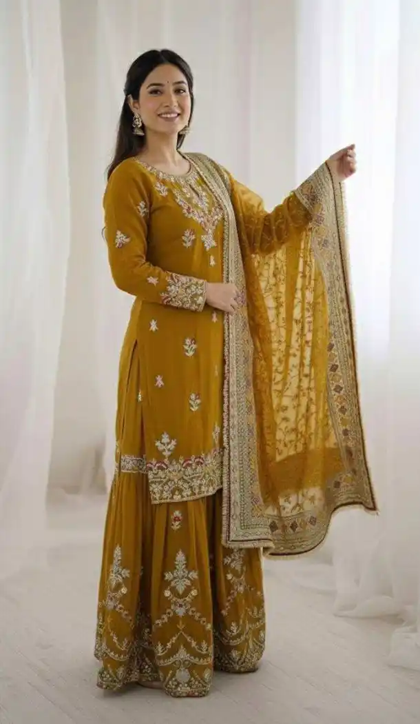 Yellow Palazzo Suit with Sequin Work in Faux Georgette - 218161