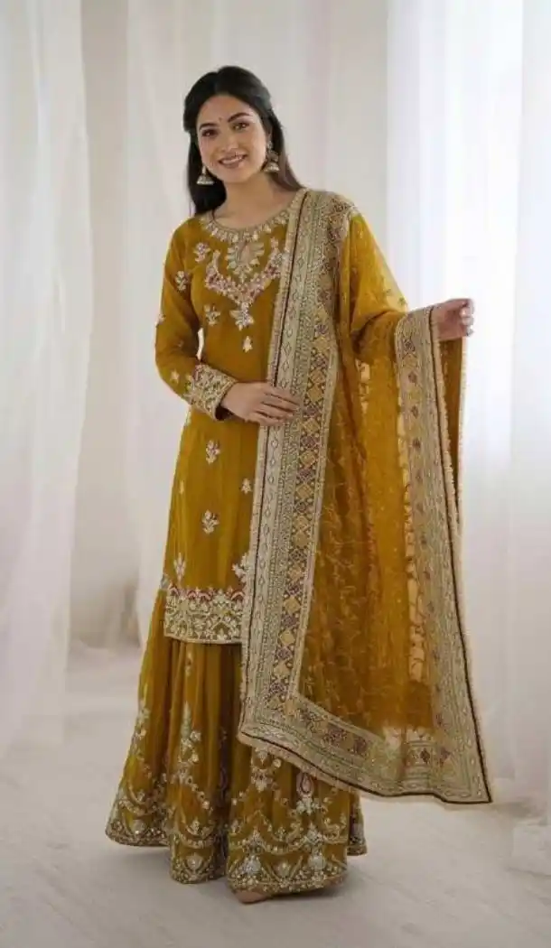 Yellow Palazzo Suit with Sequin Work in Faux Georgette - 218161