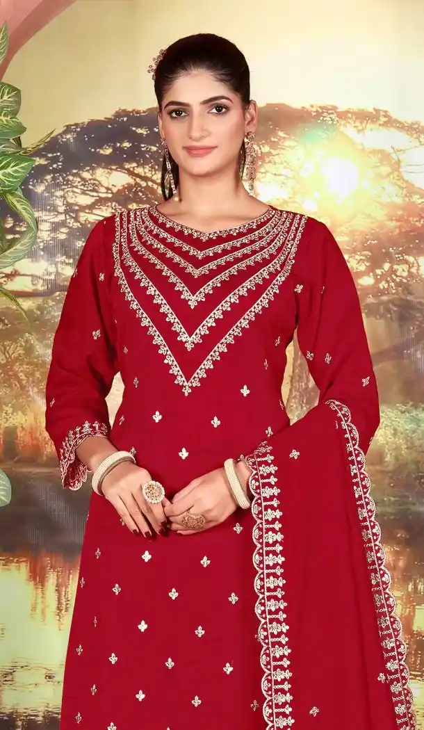 Maroon Vichitra Sequin Palazzo Suit with Embroidery - 218137