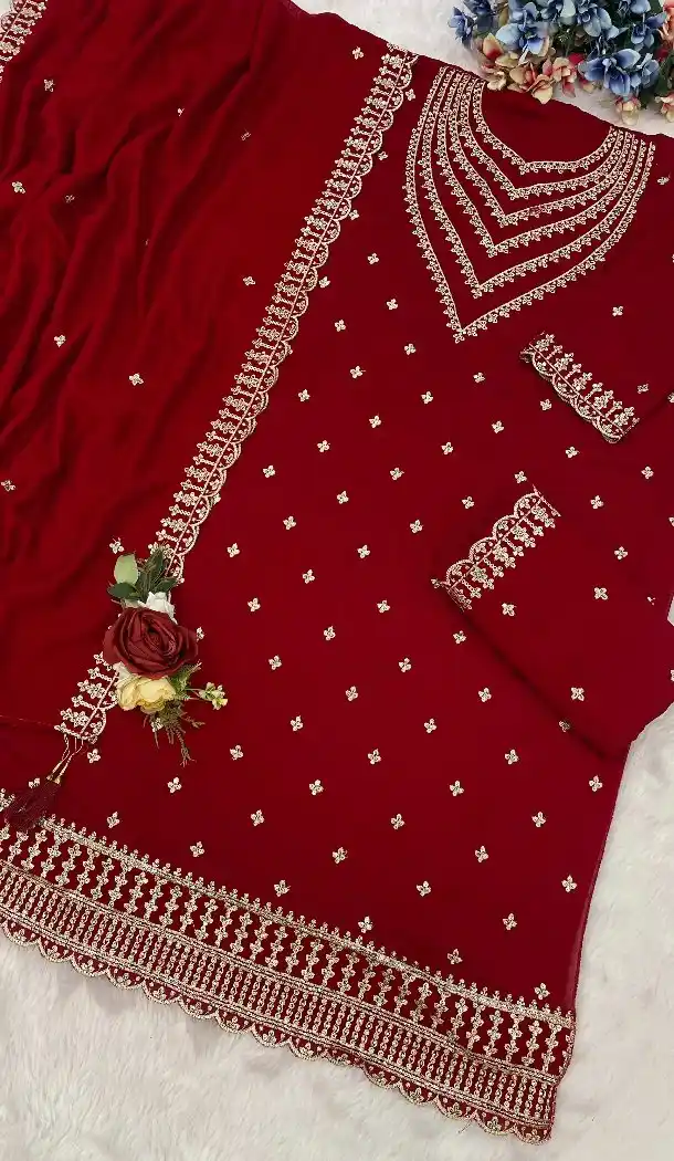 Maroon Vichitra Sequin Palazzo Suit with Embroidery - 218137