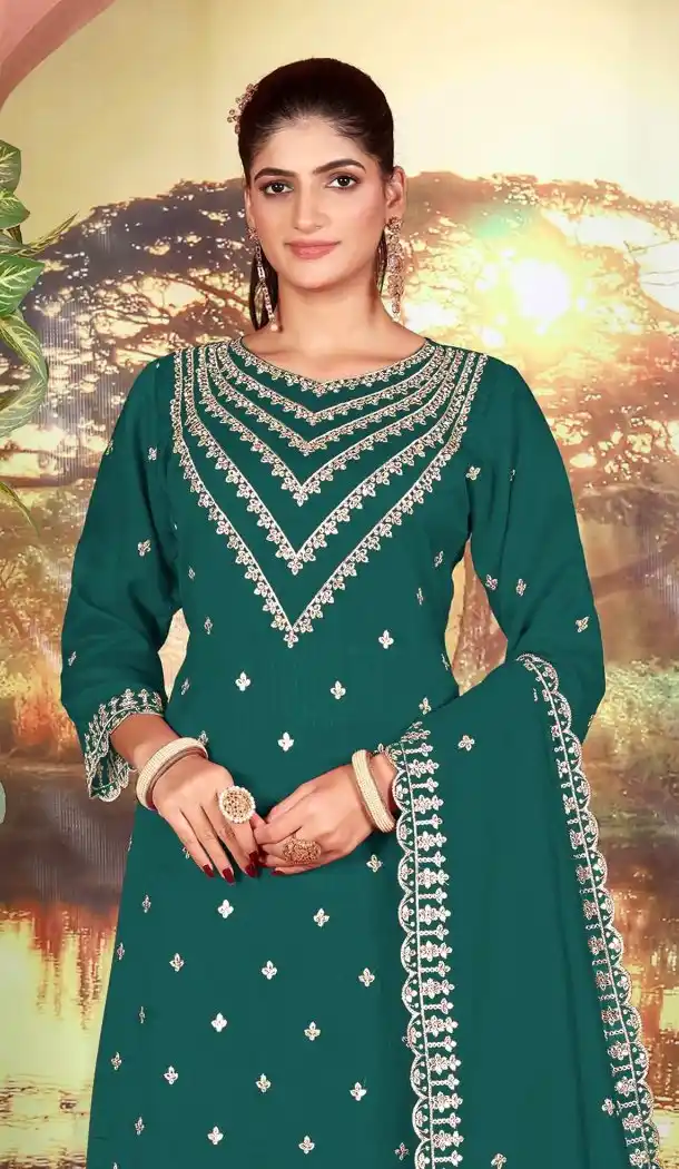 Teal Green Vichitra Palazzo Suit with Sequin Embroidery - 218138