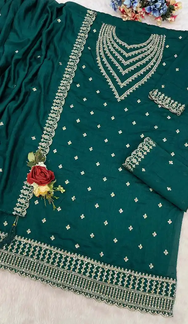 Teal Green Vichitra Palazzo Suit with Sequin Embroidery - 218138