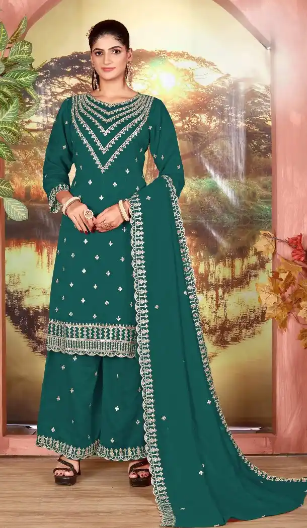 Teal Green Vichitra Palazzo Suit with Sequin Embroidery - 218138