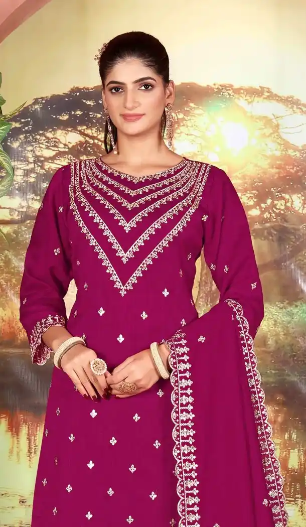Magenta Sequin Palazzo Suit in Vichitra Fabric - 218139