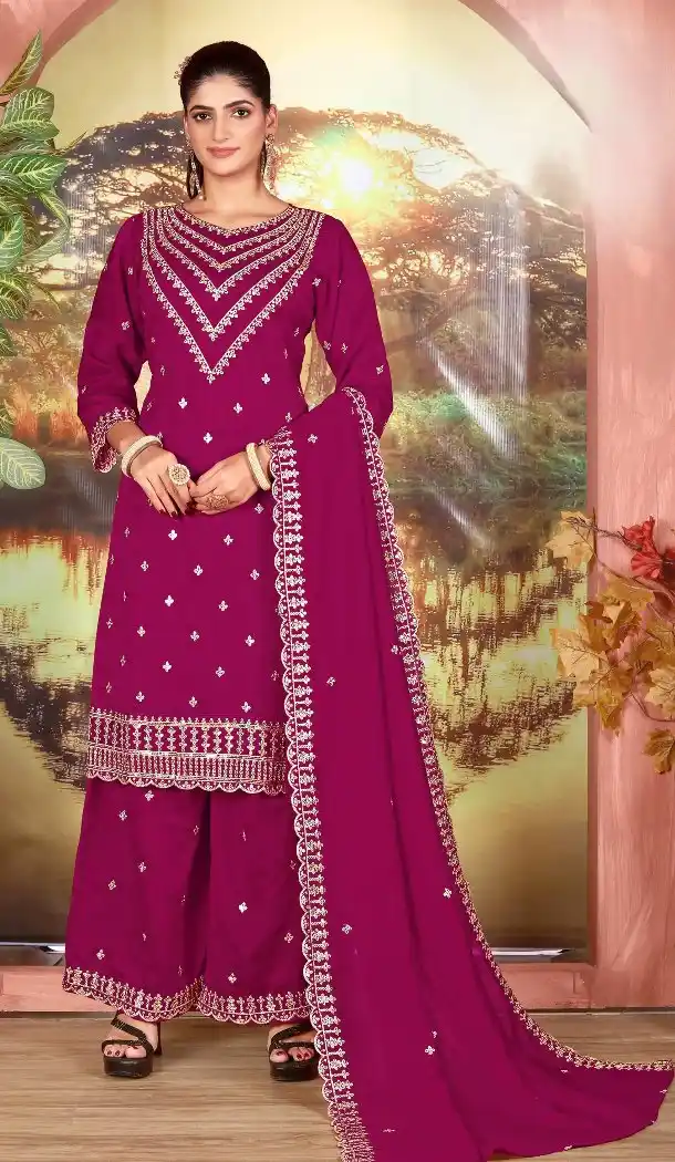 Magenta Sequin Palazzo Suit in Vichitra Fabric - 218139