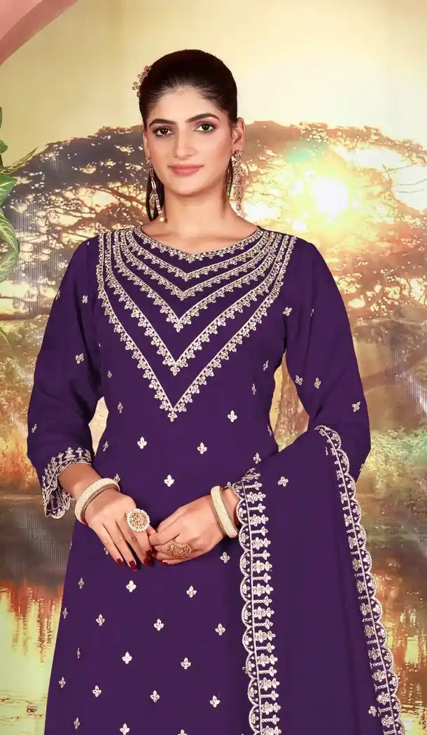 Purple Vichitra Sequin Embroidered Palazzo Suit - 218140
