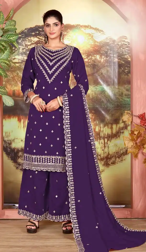 Purple Vichitra Sequin Embroidered Palazzo Suit - 218140