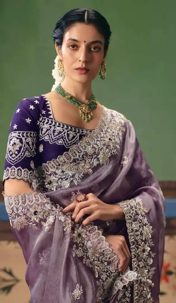 Lavender Art Silk Designer Saree with Stone Embroidery - 218281