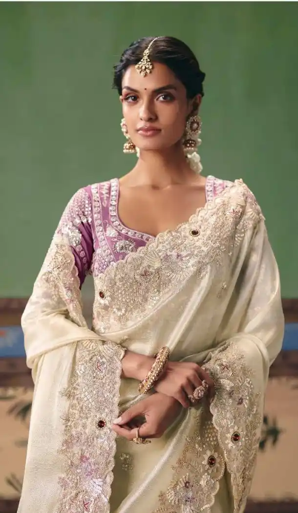 Cream Designer Saree with Pearl & Stone Work - 218283