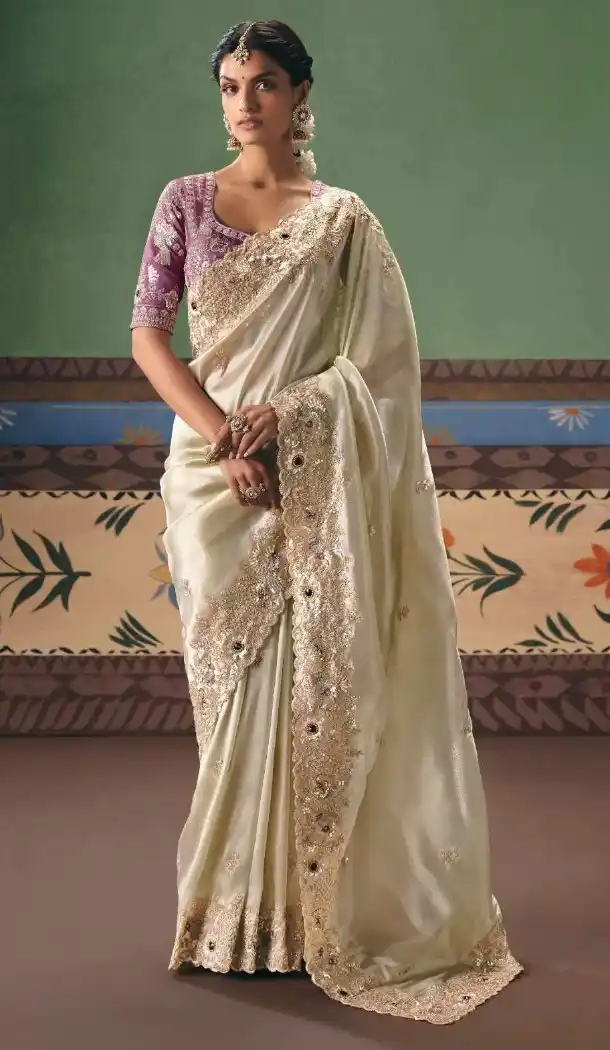 Cream Designer Saree with Pearl & Stone Work - 218283