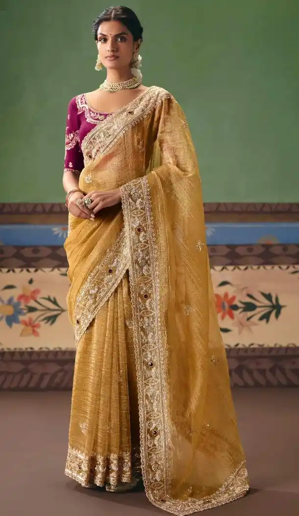 Beige Sequin Embroidered Designer Saree - 218285