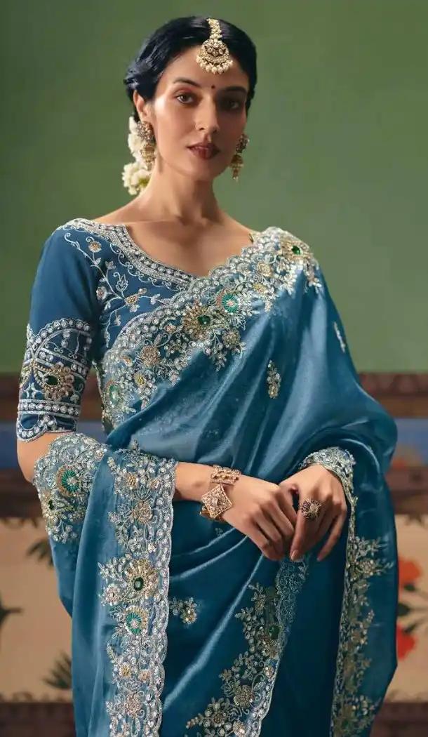 Blue Art Silk Designer Saree with Pearl & Embroidery - 218286