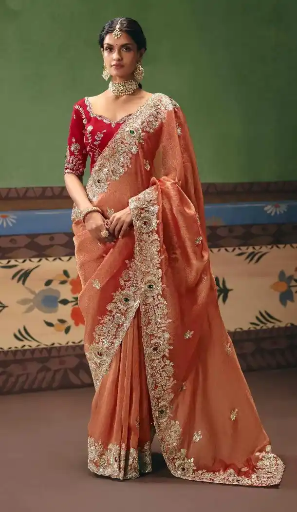 Rust Art Silk Designer Saree with Sequin Embroidery - 218287