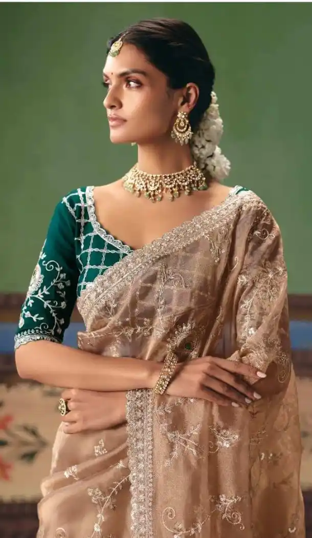Beige Designer Saree with Sequin, Pearl & Embroidery - 218288
