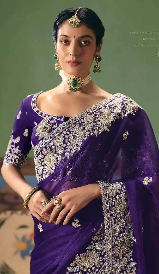 Purple Sequin Embroidered Designer Saree - 218289
