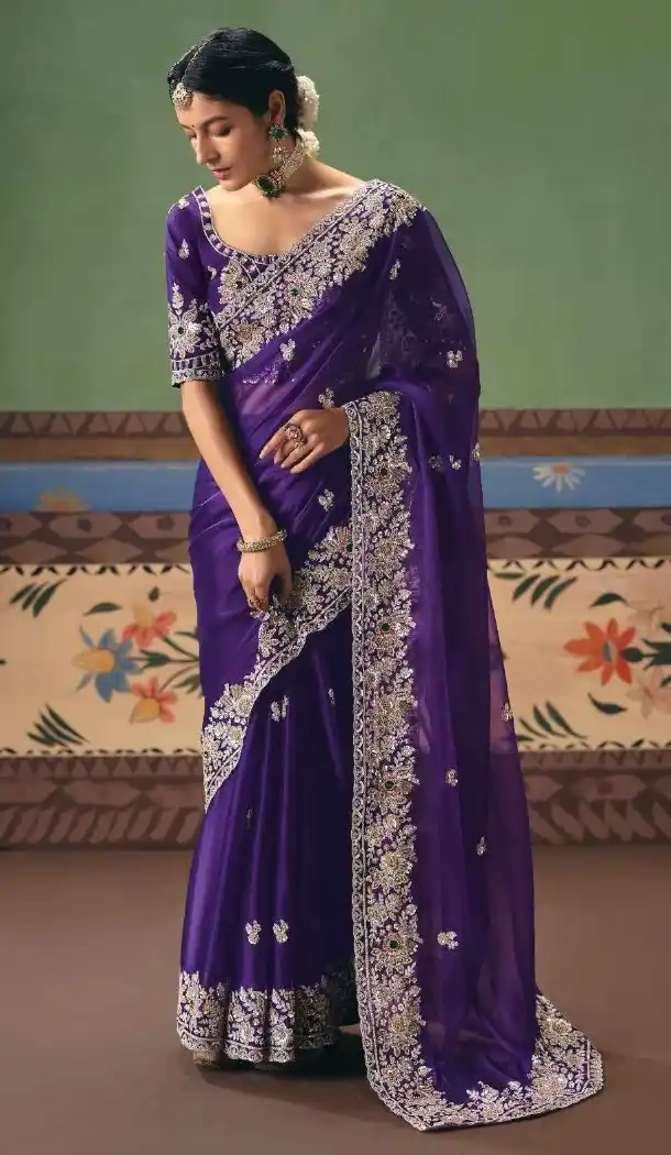 Purple Sequin Embroidered Designer Saree - 218289