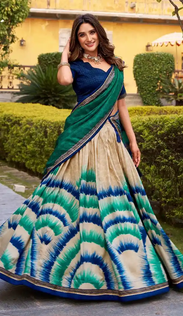 Blue Tussar Silk Print Lehenga Choli with Lace Work - 218300