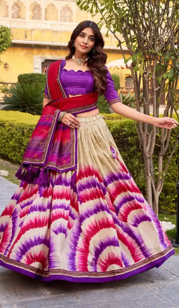 Purple Print Lehenga Choli in Tussar Silk with Lace Work - 218301