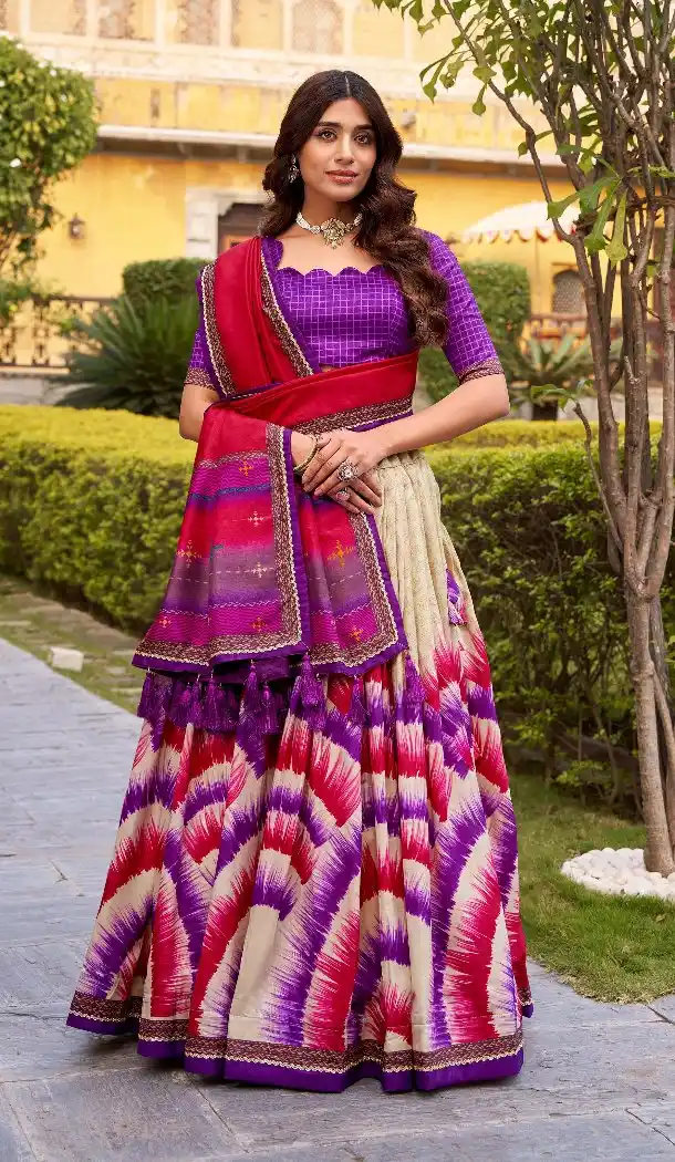 Purple Print Lehenga Choli in Tussar Silk with Lace Work - 218301