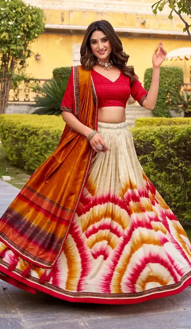 Red Tussar Silk Lehenga Choli with Lace Work Print - 218302