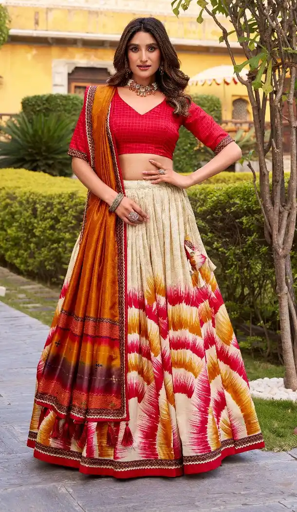 Red Tussar Silk Lehenga Choli with Lace Work Print - 218302