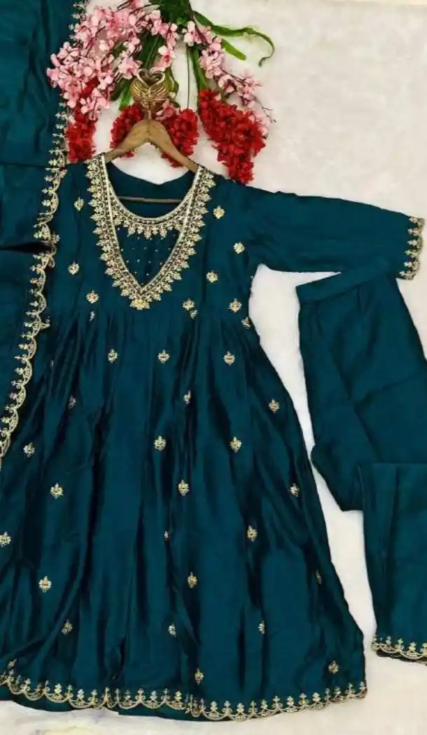 Teal Blue Vichitra Silk Sequin Embroidered Gown - 218310