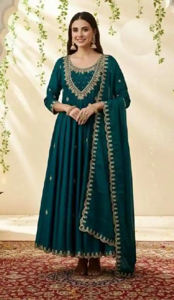 Teal Blue Vichitra Silk Sequin Embroidered Gown - 218310