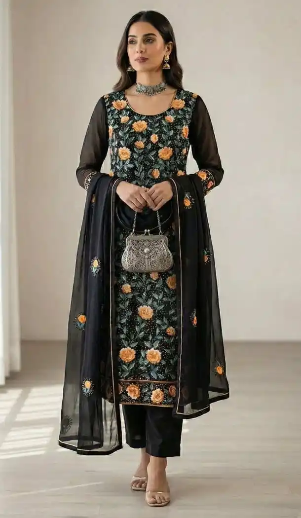 Black Sequin Embroidered Georgette Salwar Suit - 218327