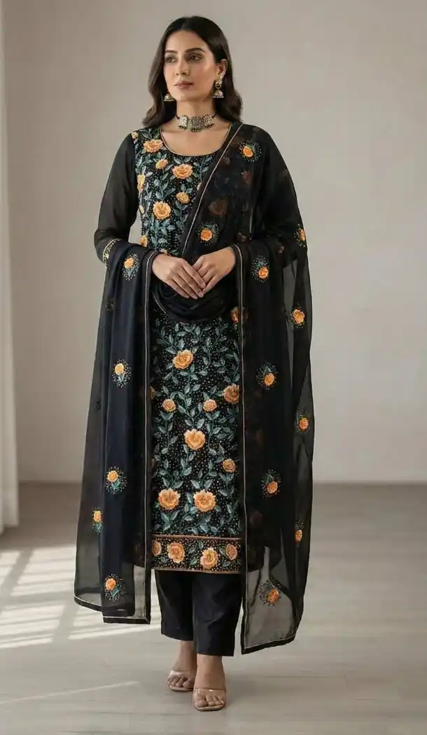 Black Sequin Embroidered Georgette Salwar Suit - 218327