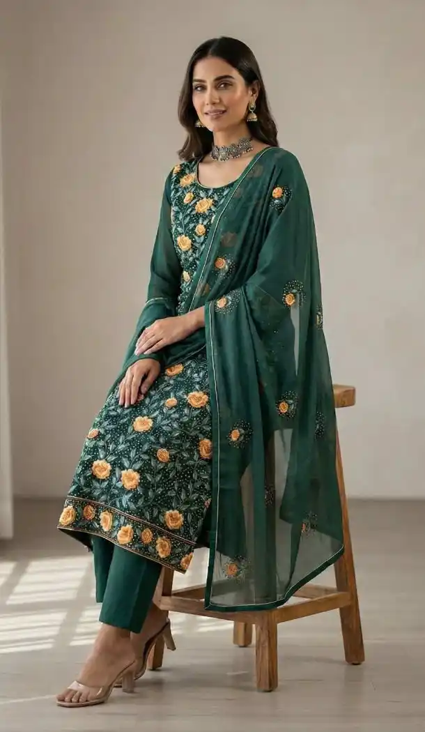 Teal Green Georgette Sequin Salwar Suit - 218328