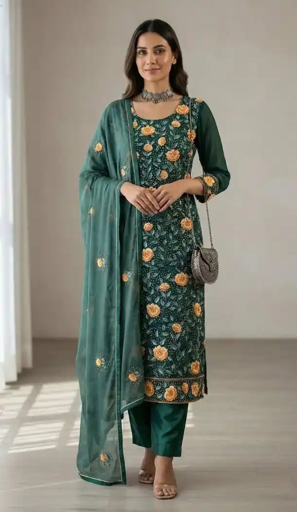 Teal Green Georgette Sequin Salwar Suit - 218328