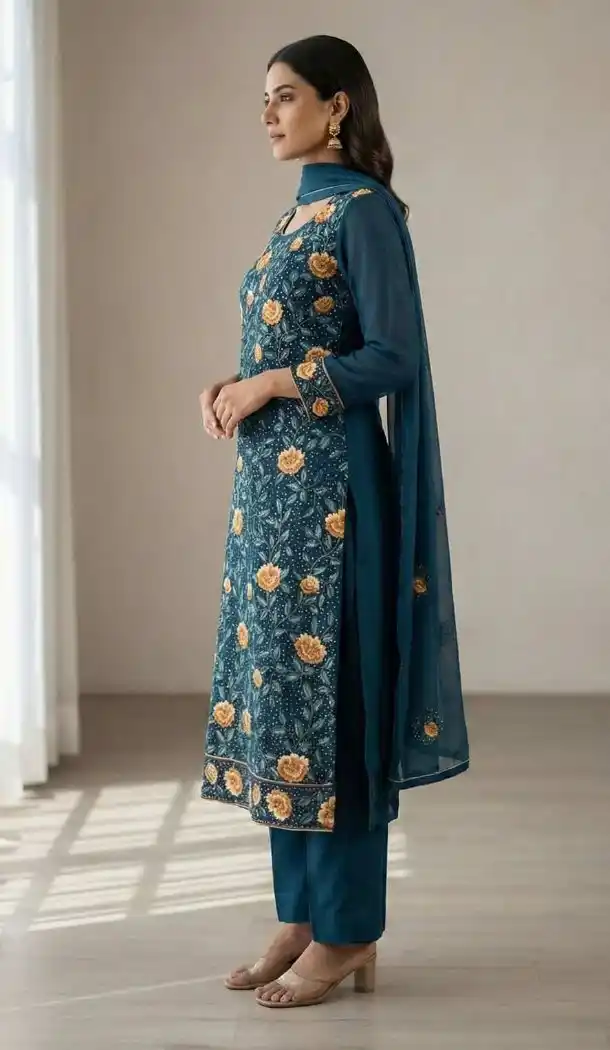 Teal Blue Sequin Work Georgette Salwar Suit - 218329